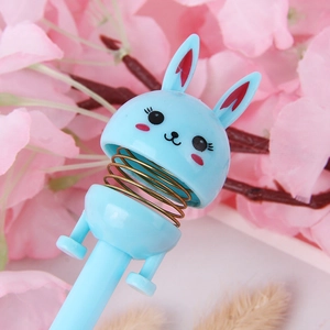 Funny blue bunny head spring pen with cartoon rabbit character for student stationery
