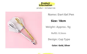 Detailed view of 18cm dart shaped gel pen in gold and silver finish with 0.5mm tip