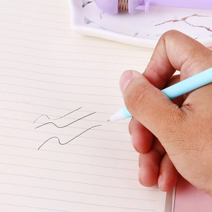 Cartoon rabbit neutral pen writing smooth black ink on paper in first-person view