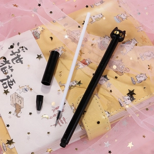 0.5mm black gel pen with cute 3D cat head design and replaceable white ink refill