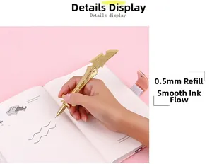 Detail of 0.5mm gold sword-shaped gel pen writing smoothly on a notebook