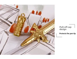 Detail of creative sword-shaped gel pen with cap removed showing the fine needle tip