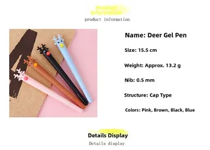 Cartoon deer gel pen specifications showing 15.5cm length and four cute colors