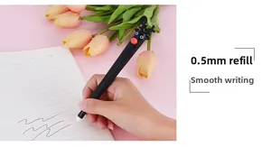 Detailed view of a 0.5mm reindeer gel pen writing smooth black ink on a notebook