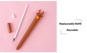 Close-up of cartoon reindeer gel pen parts with replaceable ink refill on pink background