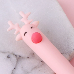 Cute pink reindeer cartoon gel pen with 3D soft silicone deer head for office stationery