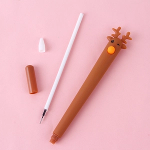 Cartoon reindeer gel pen with cute brown deer head and removable cap on pink background
