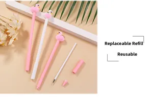 Detail showing the flamingo gel pen with refillable ink design and interior components
