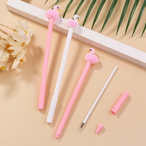 Cute pink flamingo gel pens with silicone toppers and black ink refills for stationery