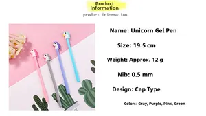 Detail view of unicorn gel pens set with 0.5mm tip size and 19.5cm length dimensions