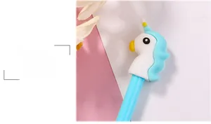 Close-up of a blue and white cartoon unicorn pen cap for cute office stationery