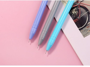 Detailed macro view of fine tip gel pens with non-slip vertical stripe texture barrels