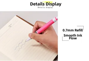 Detailed shot of 0.7mm pink ballpoint pen writing smoothly on a paper notebook