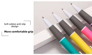 Detail of ballpoint pens showing gray soft rubber anti-slip grip and multi-colored barrels