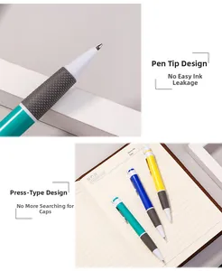 Detail of retractable ballpoint pens with ergonomic non-slip grip in three vibrant colors