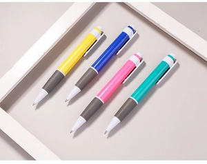 Detailed set of colorful retractable ballpoint pens with grey non-slip textured grips