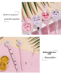 Detail showing the inner sequins and refillable design of the cartoon bunny gel pen