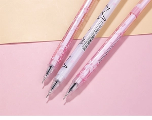 Close-up of three pink cat and cherry blossom gel pens with ZL-006 model marking