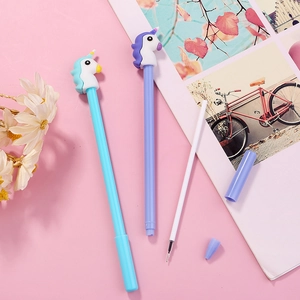 Cartoon unicorn gel ink pens in pastel blue and purple colors for student stationery