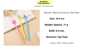 Detail of 18.5cm cartoon unicorn moon gel pens with 0.5mm nib on a soft warm background