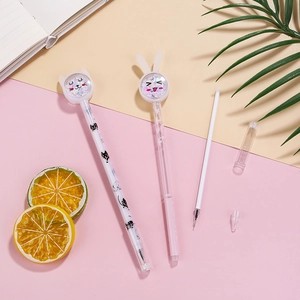 Cartoon rabbit and cat gel ink pens with glitter accents and silicone heads for school