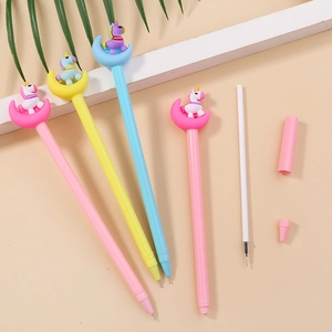 Cartoon moon unicorn gel pens in pink blue yellow colors with creative 3D toppers