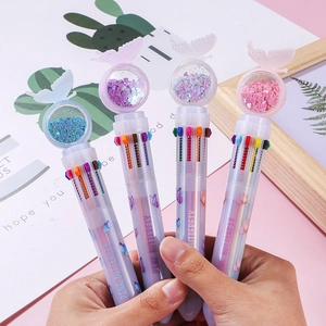 Cartoon Multicolor Retractable Ballpoint Pen Sequin Butterfly Rabbit Cat Topper Ten Colored Ink School Students Stationery