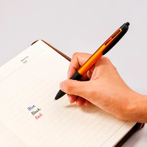 Oranje 3-in-1 touchscreen balpen die schrijft in blauwe, zwarte en rode inktkleur