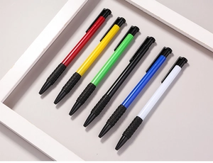Close-up of 6 retractable ballpoint pens with non-slip grips and colorful barrels