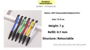 Detail view of 0.7mm retractable ballpoint pens in six colors with 14.4cm size specs