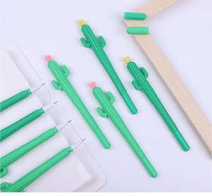 Macro detail of green cactus-shaped gel pens with floral caps and fine needle tips