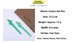 Macro detail of cactus gel pens with pink and yellow flowers on a brown notebook