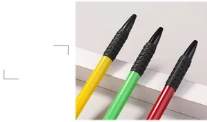 Detail of retractable ballpoint pen handle with soft rubber non-slip texture in three colors