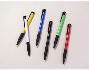 Detail of multi-colored ballpoint pens with anti-slip rubber grips for comfortable writing