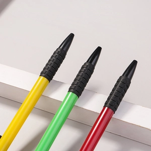 Minimalist click ballpoint pens with rubber grip in yellow, green and red colors