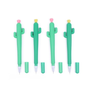 Set of four cute cactus shaped gel pens with colorful flowers and matching green caps