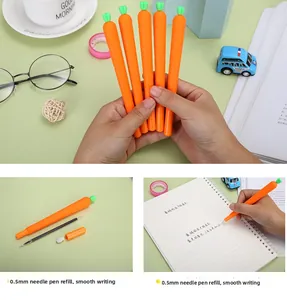 Close-up of 0.5mm carrot gel pen showing fine tip and smooth black ink writing details
