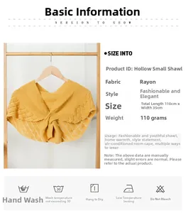 Detail showing 100% rayon yellow knit shawl specs 110x35cm and fabric texture