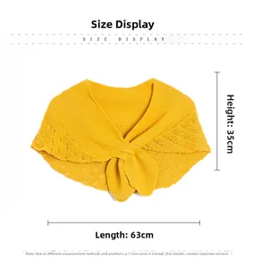 Size display of yellow knit shawl showing 63cm length and 35cm height dimensions