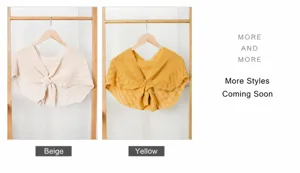 Detail view of knitted faux collars with twisted pattern in beige and yellow shades