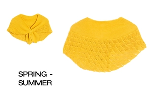 Detail of yellow knit hollow shawl showing intricate crochet patterns for spring summer