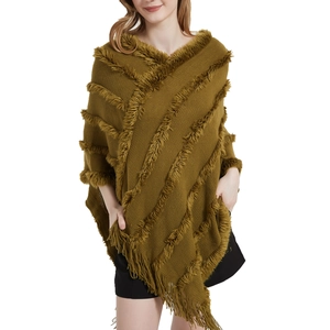 Mustard green knit poncho shawl for women with V-neck design and stylish fringe tassels