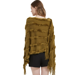 Olive green knit poncho for women featuring faux fur stripes and fringed hem details