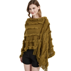 Olive green knit poncho with plush fringe stripes and elegant long tassel hem for women