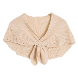 Beige knitted lace shawl collar with delicate镂空pattern and front tie closure