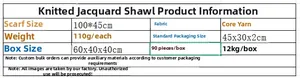 Specifications table for checkered knit shawl made of core-spun yarn measuring 100x45cm