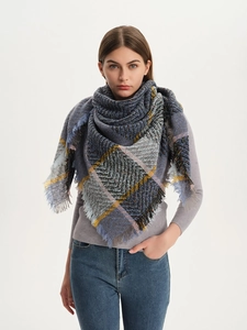 Close-up of thick plaid shawl scarf with navy and yellow grid pattern and soft fringe
