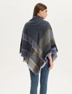 Close-up of thick plaid shawl with blue and yellow tassels and herringbone texture