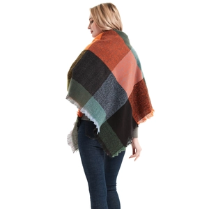 Thick multicolor plaid scarf with tassels for winter, featuring orange and green knit patterns