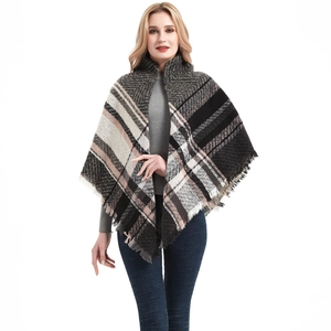 Thick checkered shawl wrap with soft fringe edges and herringbone pattern for winter